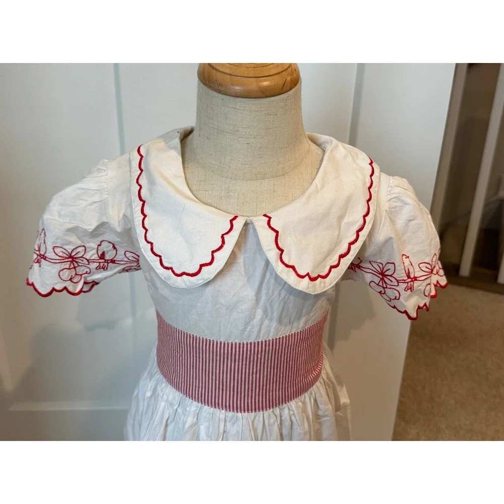 Powell Craft England Girls White Red Embroidered Bird Cotton Dress 4-5Y Vintage